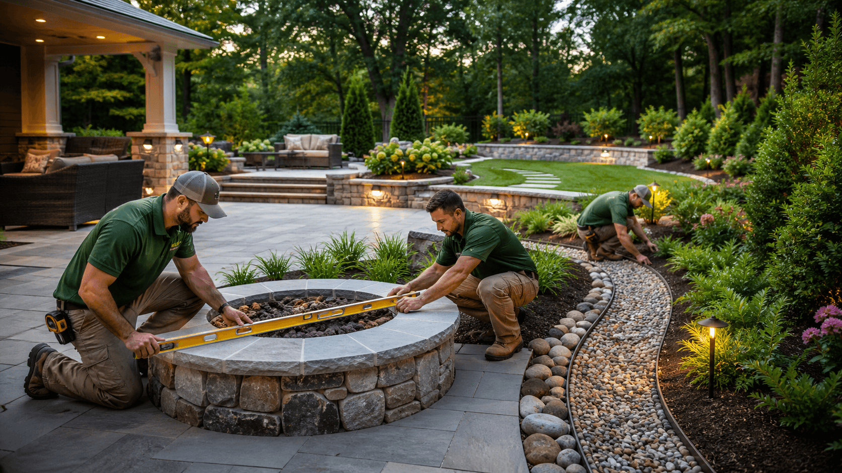 Stone fire pit glowing on a patio beside a sloped lawn with a gravel drainage channel at dusk