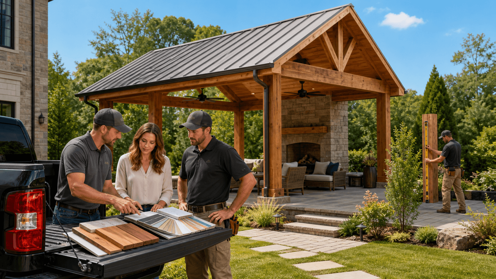 Sunlit backyard pavilion with wooden beams, stone patio seating, and lush green landscaping under a blue sky