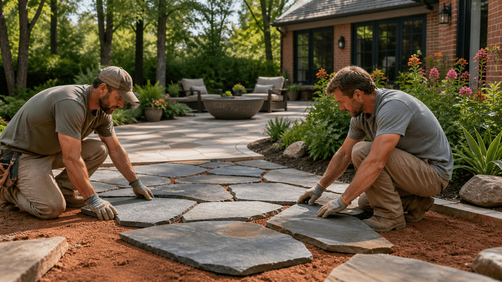 Sunlit natural stone patio with beige pavers, leafy greenery, and red brick homes in the background.