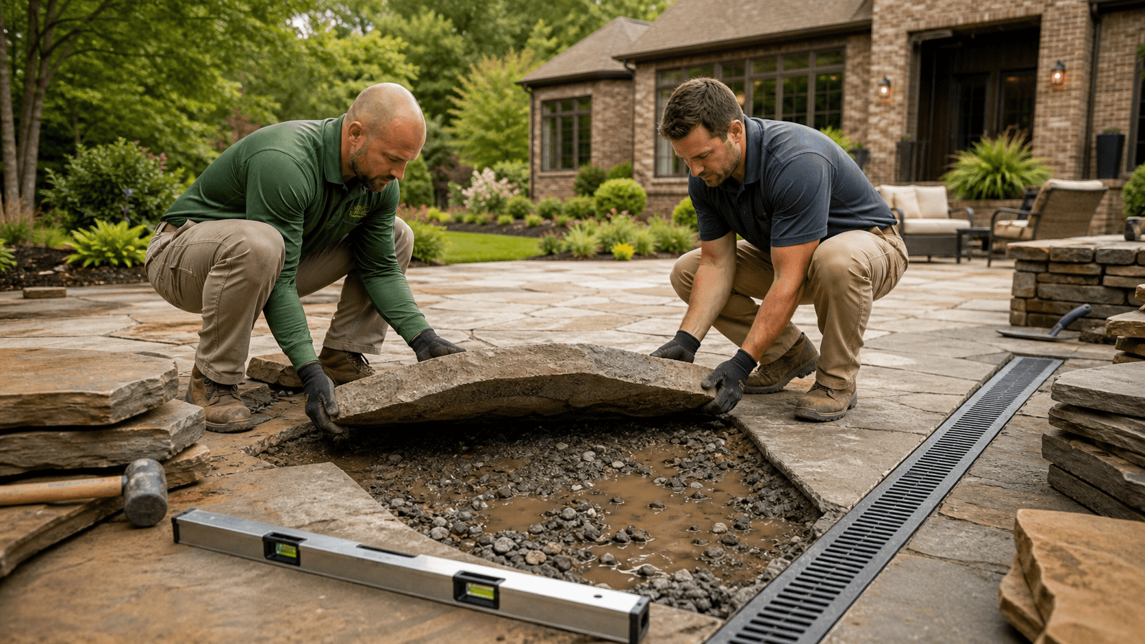Stone patio with pooled water, exposed gravel base, and a downspout draining beside a suburban yard.
