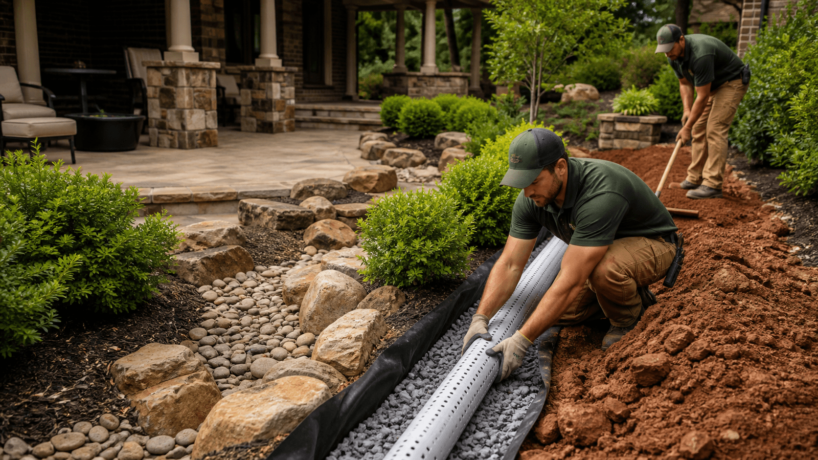 Gravel-lined drainage trench curves through a green clay yard beside a brick home under soft daylight.