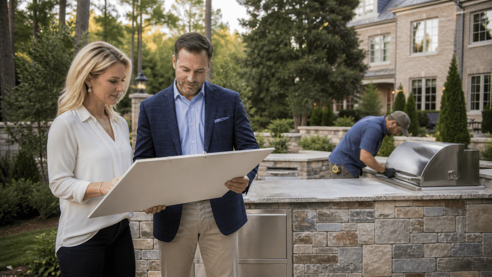 Stone outdoor kitchen with grill, countertop seating, and warm patio lighting at dusk.