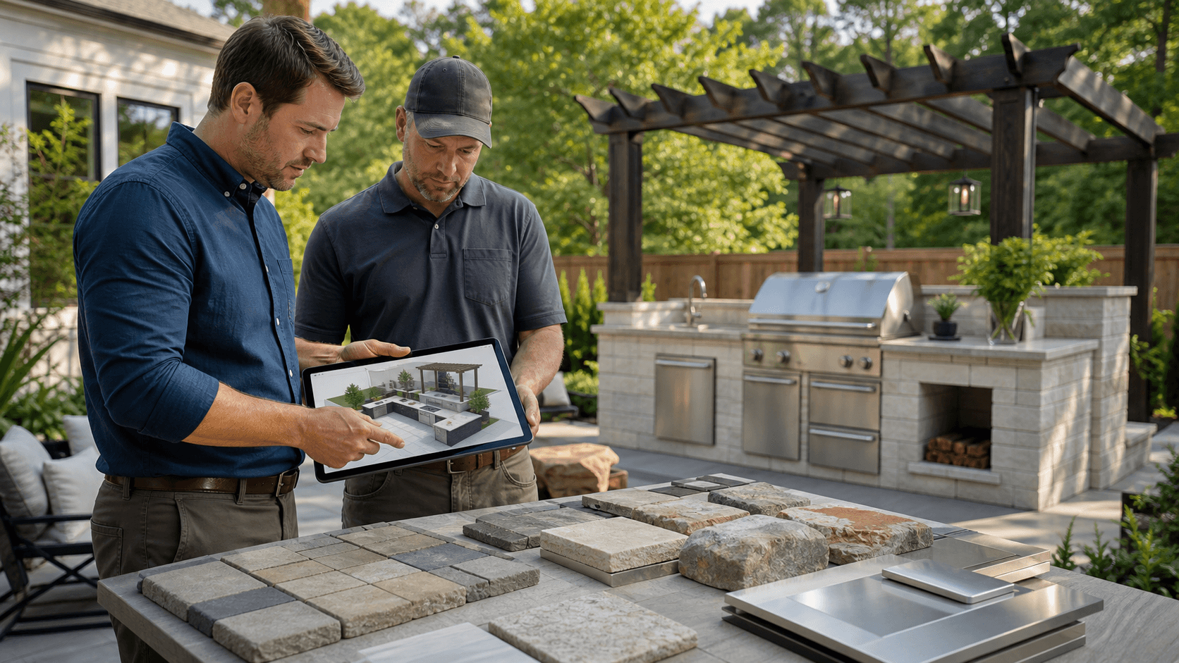 Modern stone outdoor kitchen with grill, countertops, and warm patio lighting in a landscaped backyard.