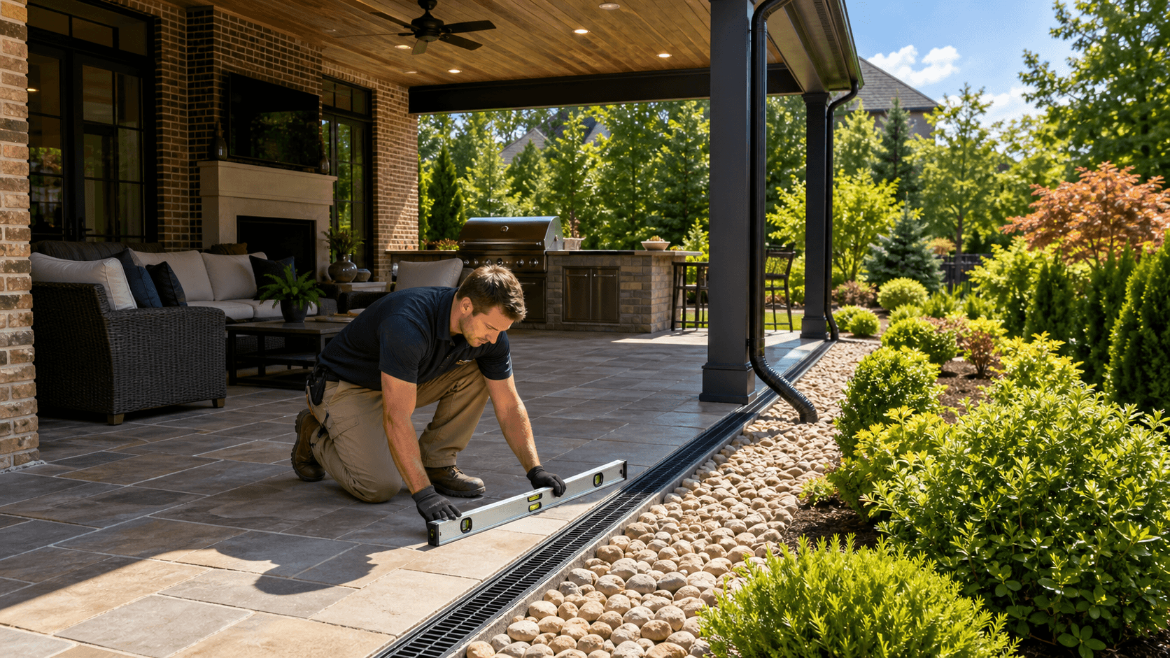 Modern covered patio with a sloped roof, guttering, and rainwater drain beside brick walls.
