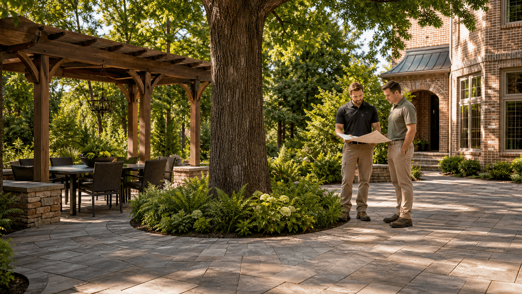 Stone patio curves around mature trees, with seating, warm string lights, and lush green landscaping.