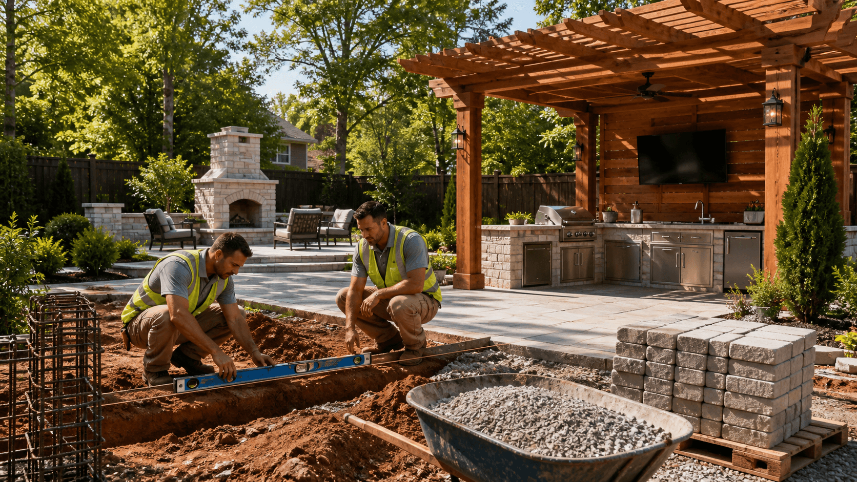 3D rendering of a modern backyard patio with pergola, concrete footings, red clay soil cutaway, sunny sky