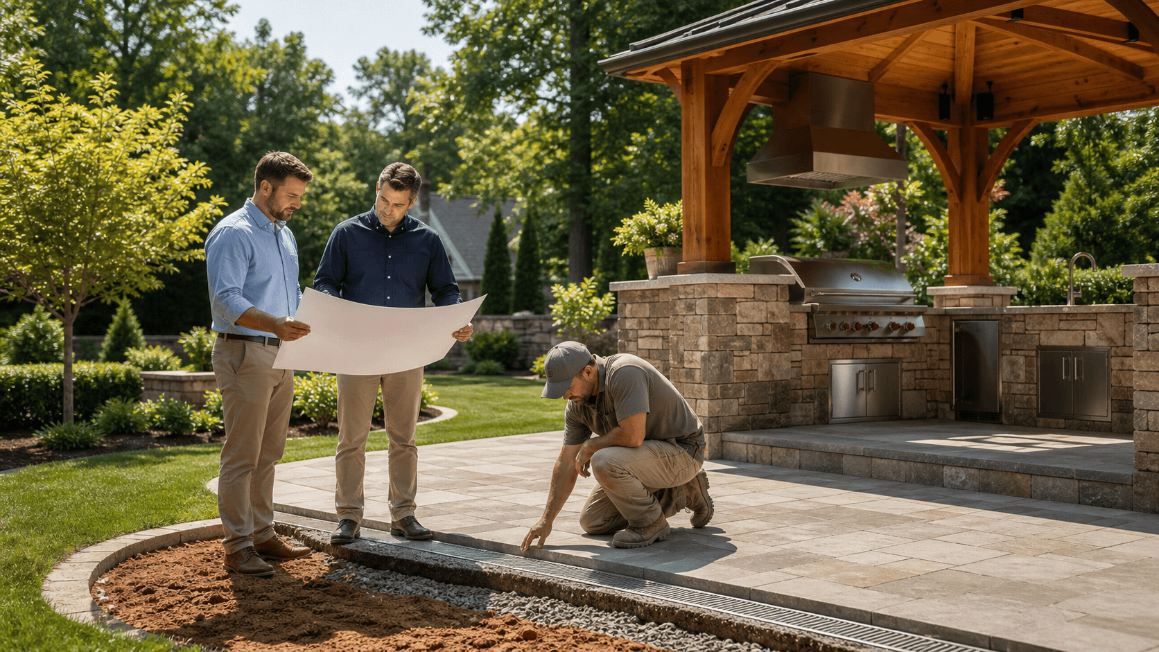 Modern brick outdoor kitchen pavilion with stone counters, surrounded by a green backyard under soft daylight