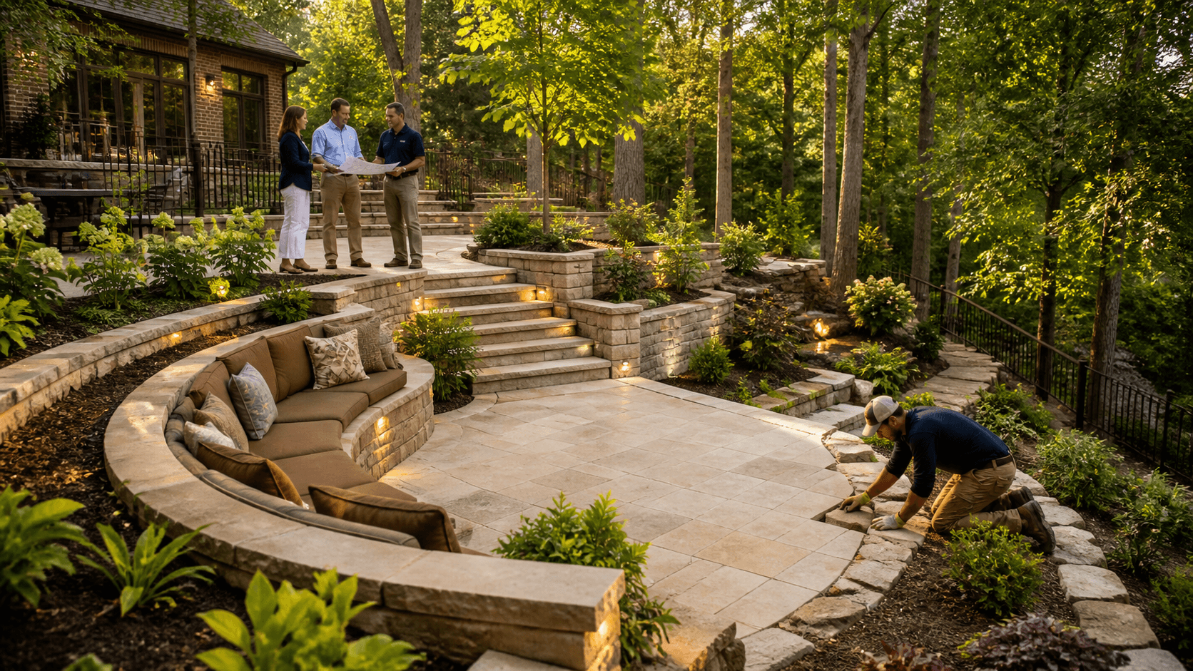 Curved stone seating wall borders a terraced backyard patio with lush greenery and warm evening lighting.