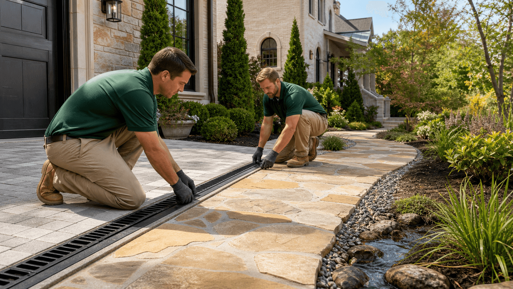 Sloped concrete driveway meets a brick walkway beside a stone drain channel in bright daylight.