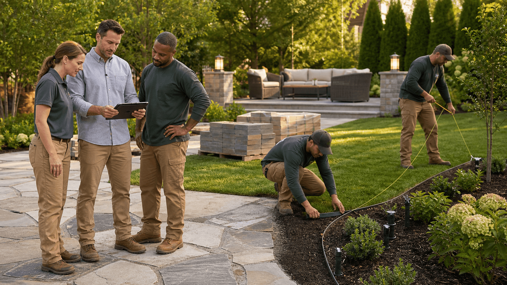 A landscaped estate garden with stone patio, lush green lawns, colorful flower beds, and workers planning at sunset.