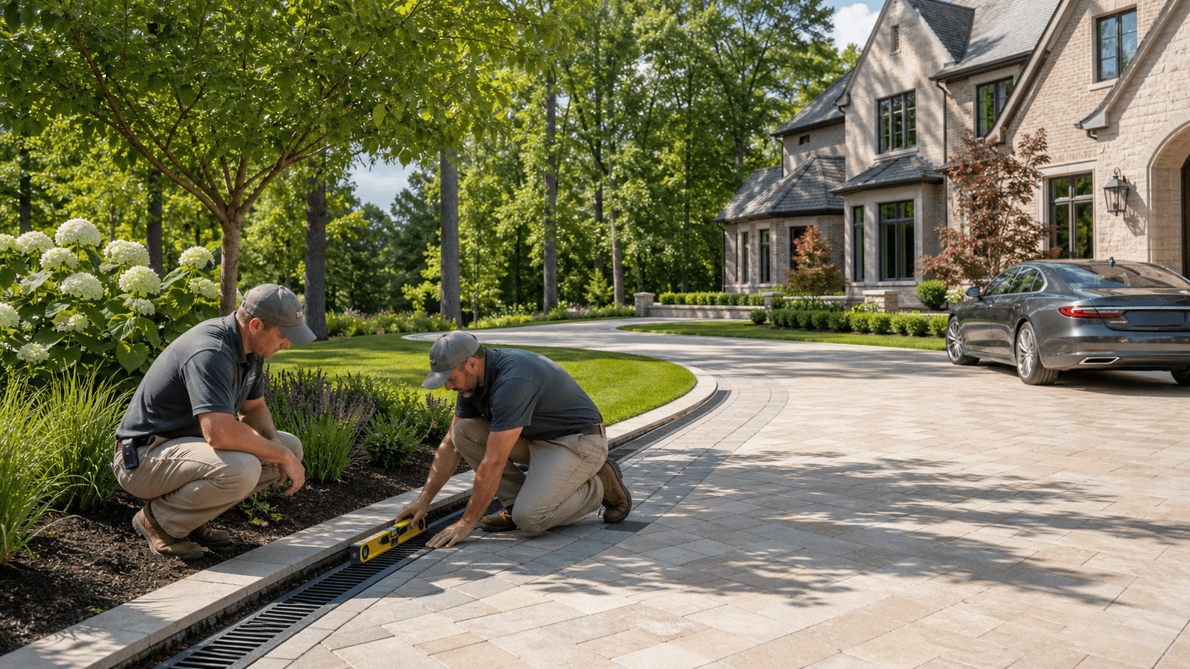 Curved stone driveway leading to a grand brick home, bordered by manicured lawns and mature trees.