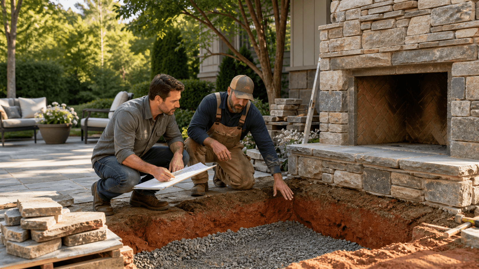 Stone outdoor fireplace on a patio beside a clay-soil backyard, framed by trees in warm daylight.
