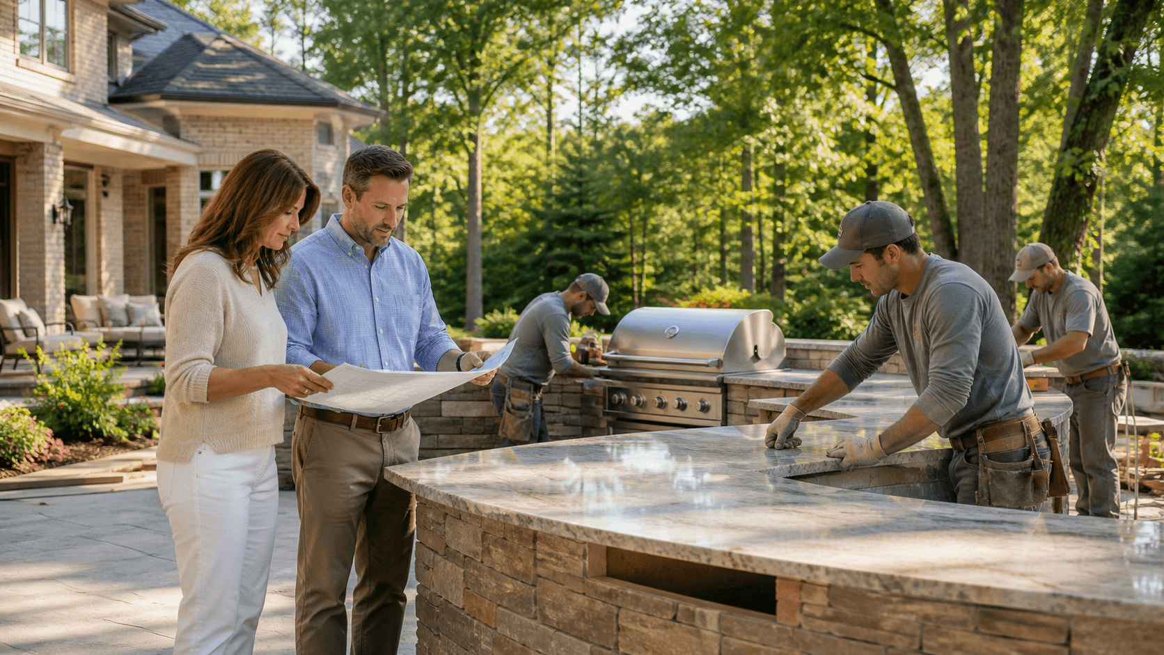 Stone outdoor kitchen with stainless grill, white counters, and bar stools beside a lush green backyard.