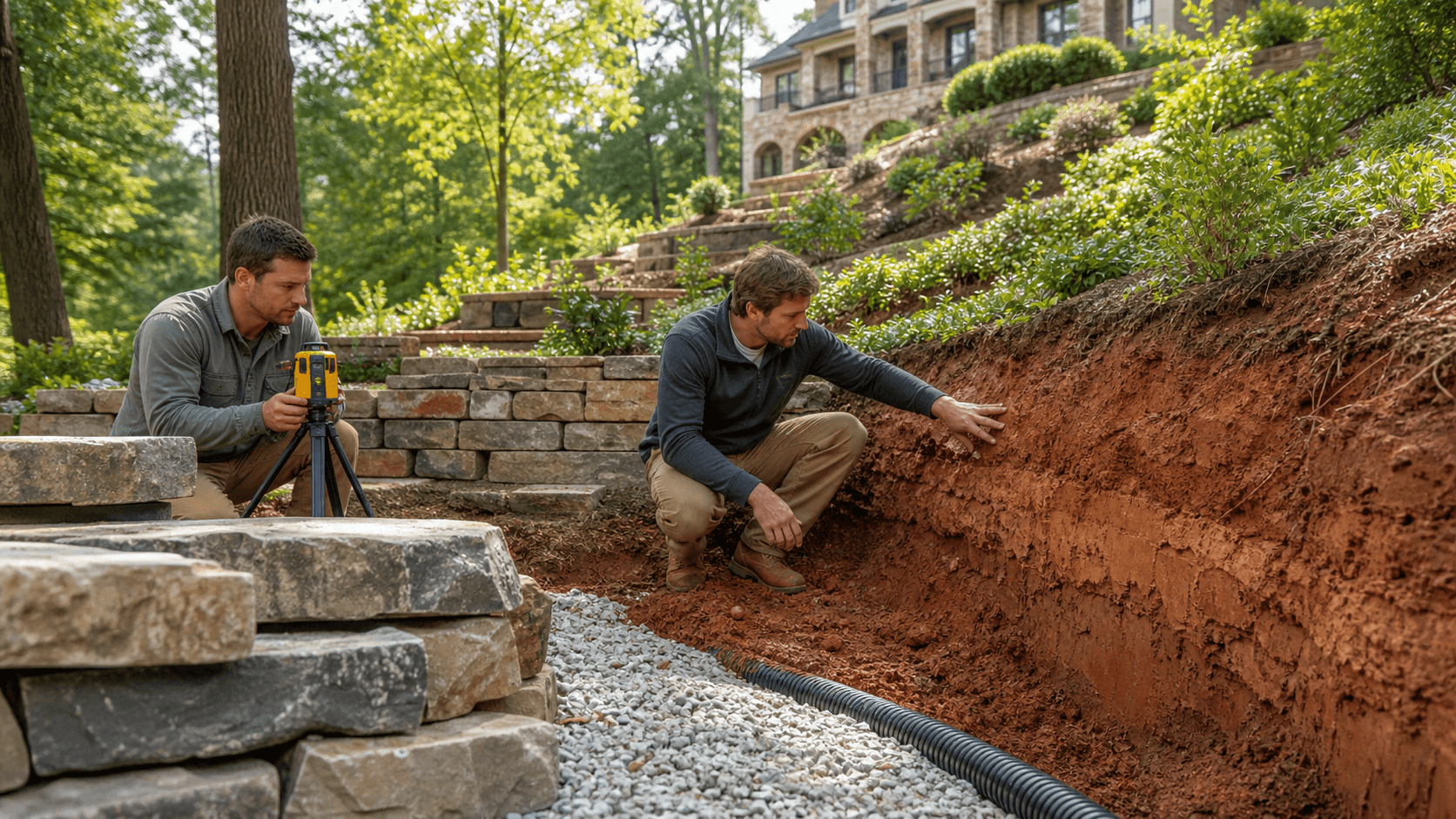 Stone retaining wall beside a sloped red clay yard, with green shrubs and soft daylight.