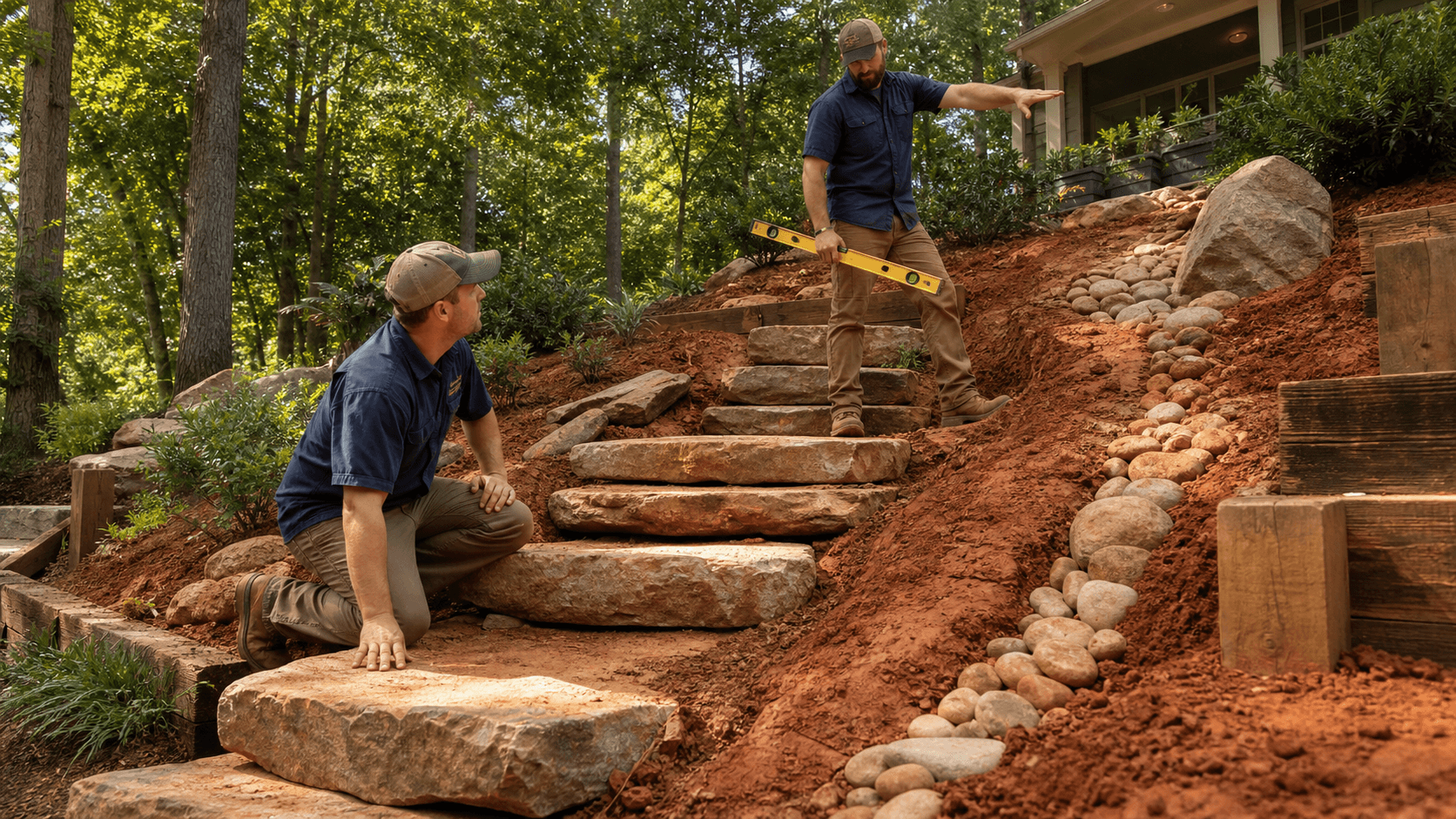 Stone steps climb a red clay hillside between green shrubs under soft daylight.