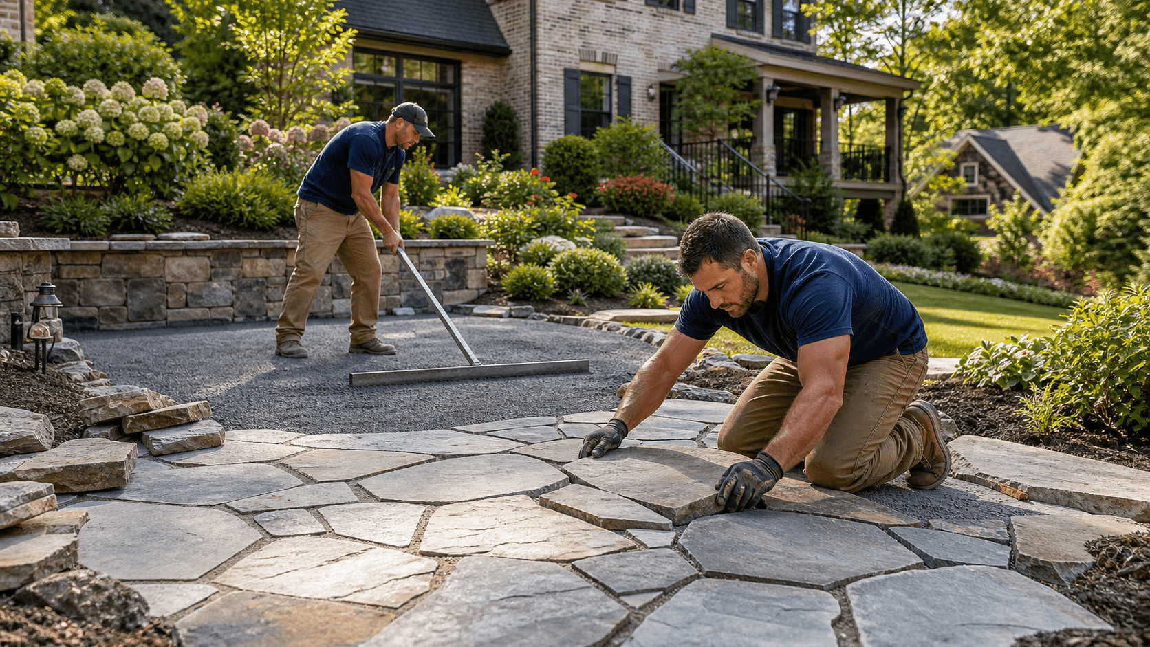 Stacked gray flagstone patio base set against reddish clay soil in soft daylight.