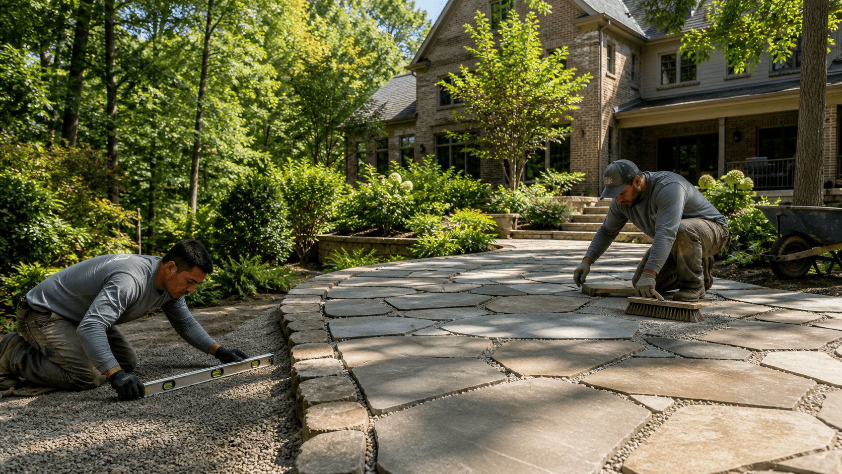 Sunlit flagstone path climbs a landscaped hillside, bordered by stacked stone edges and green shrubs.