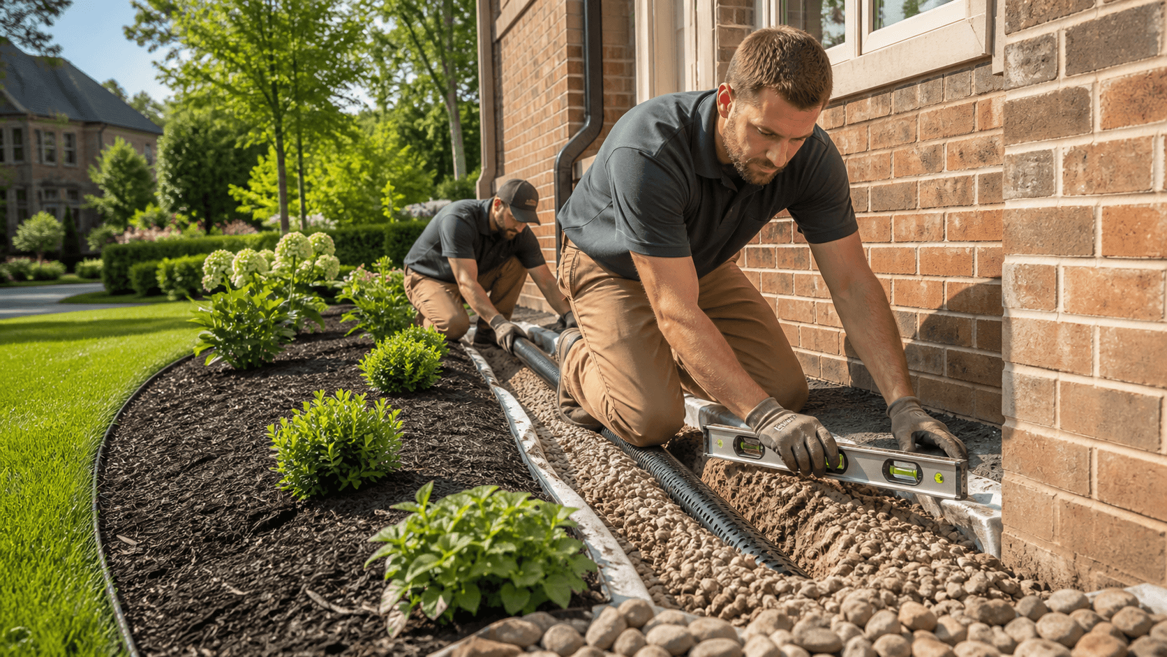 House exterior with a gravel drainage trench leading away from a brick foundation on a sunny day.