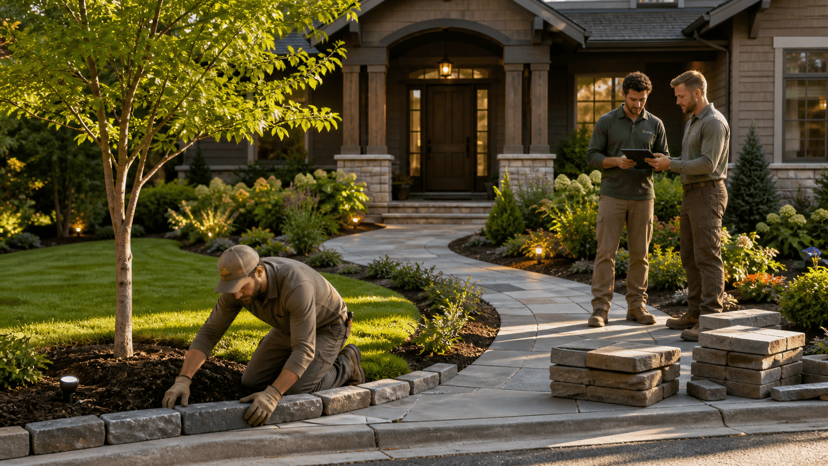 Sunlit brick home with manicured lawn, curved stone walkway, layered shrubs, and blooming flowers by the front door