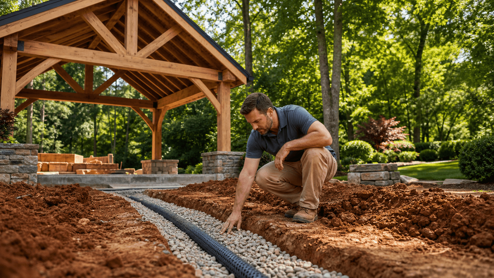 Wooden pavilion framing stands beside red clay soil trenches and drainage pipes under a clear blue sky.