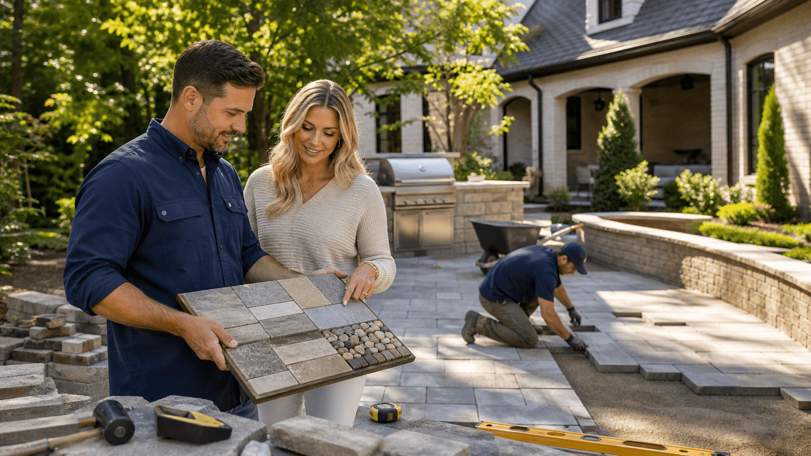 Contractor and homeowners review patio plans beside a stone fire pit in a sunlit backyard.