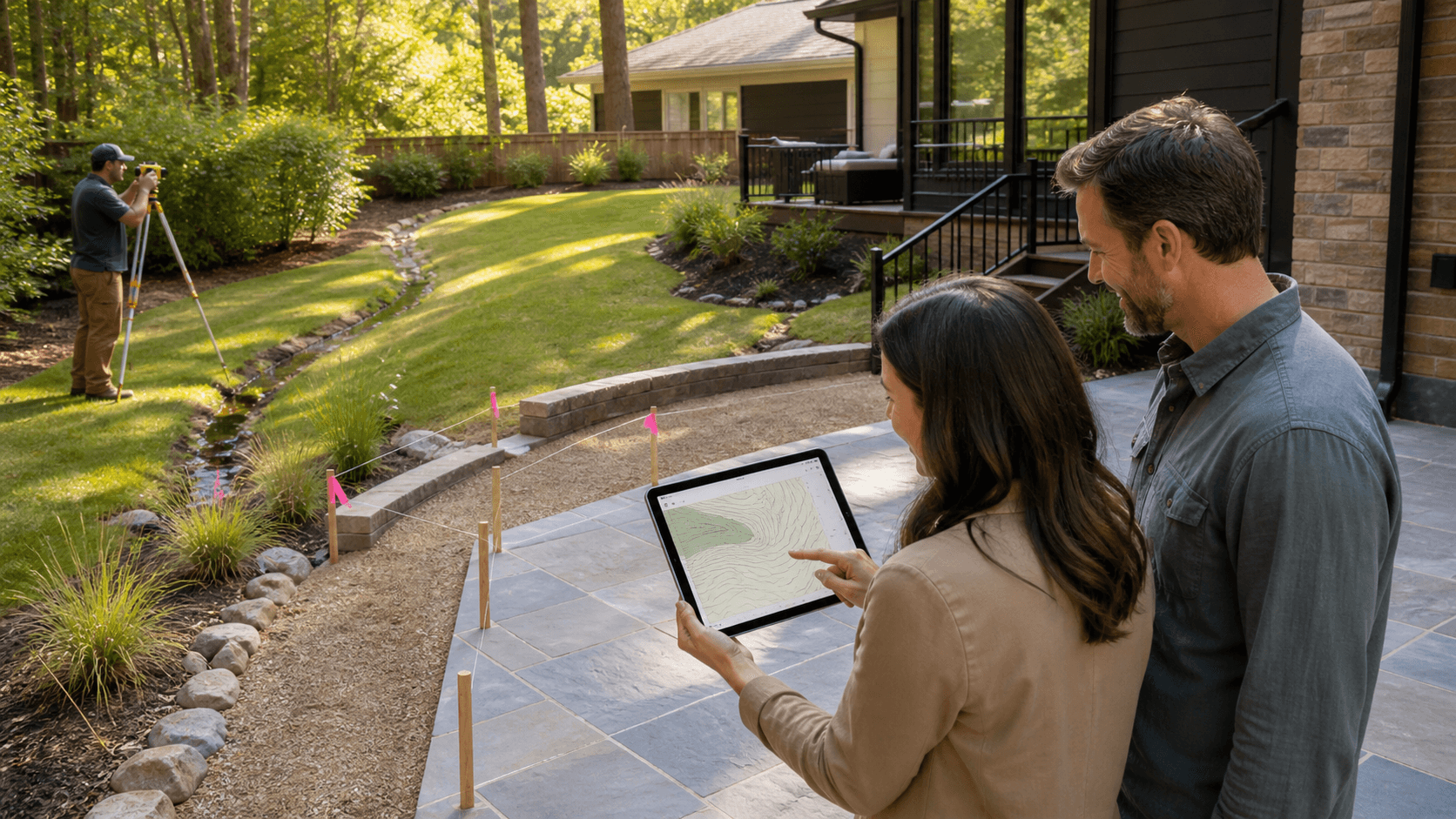 Sloped green backyard with a stone patio, winding path, and drainage channel in soft daylight
