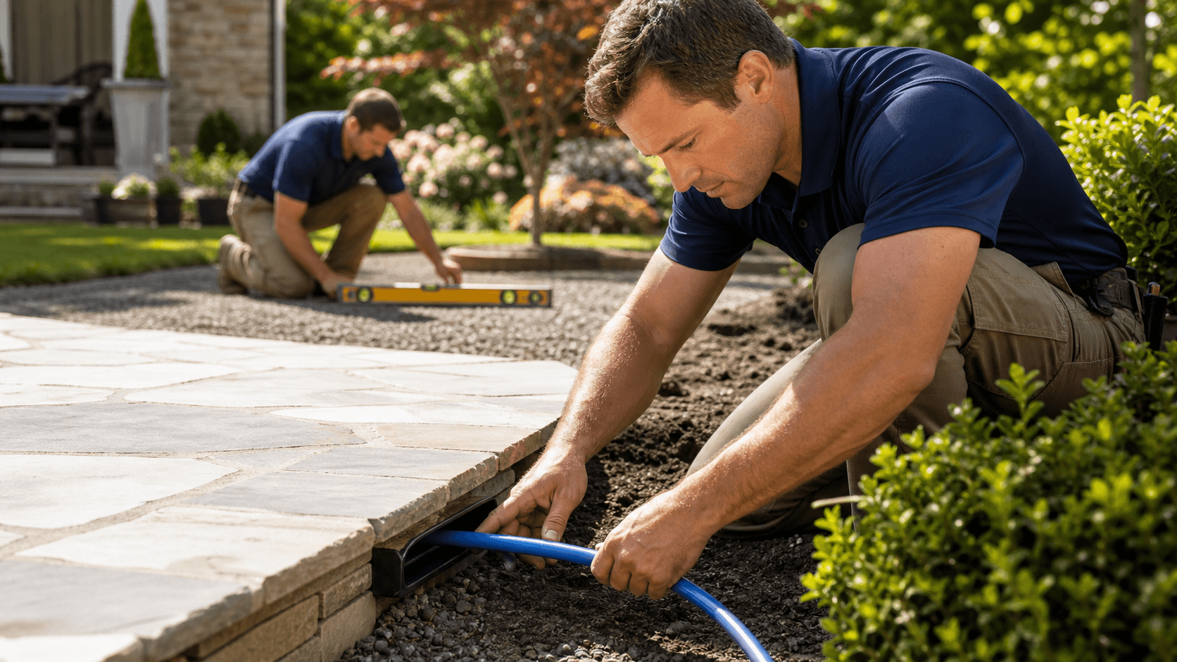 Worker installing black irrigation tubing beneath a gray stone patio, with green lawn and tools nearby.