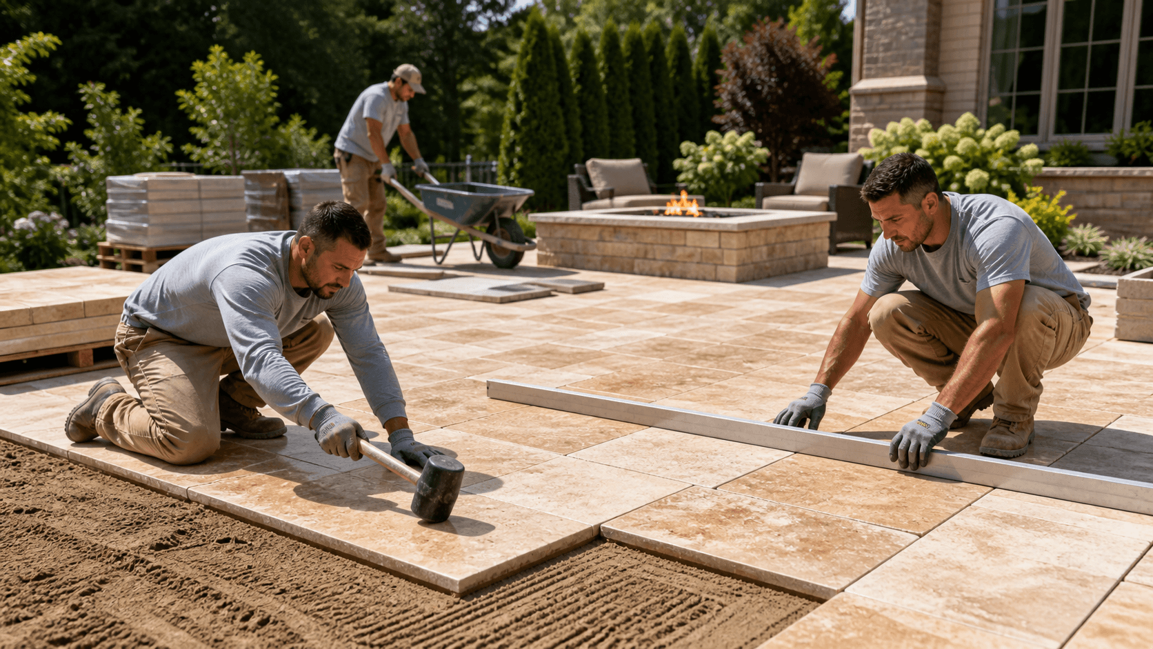 Sunlit travertine patio with tan stone pavers, workers installing slabs, and estate yard greenery in the background