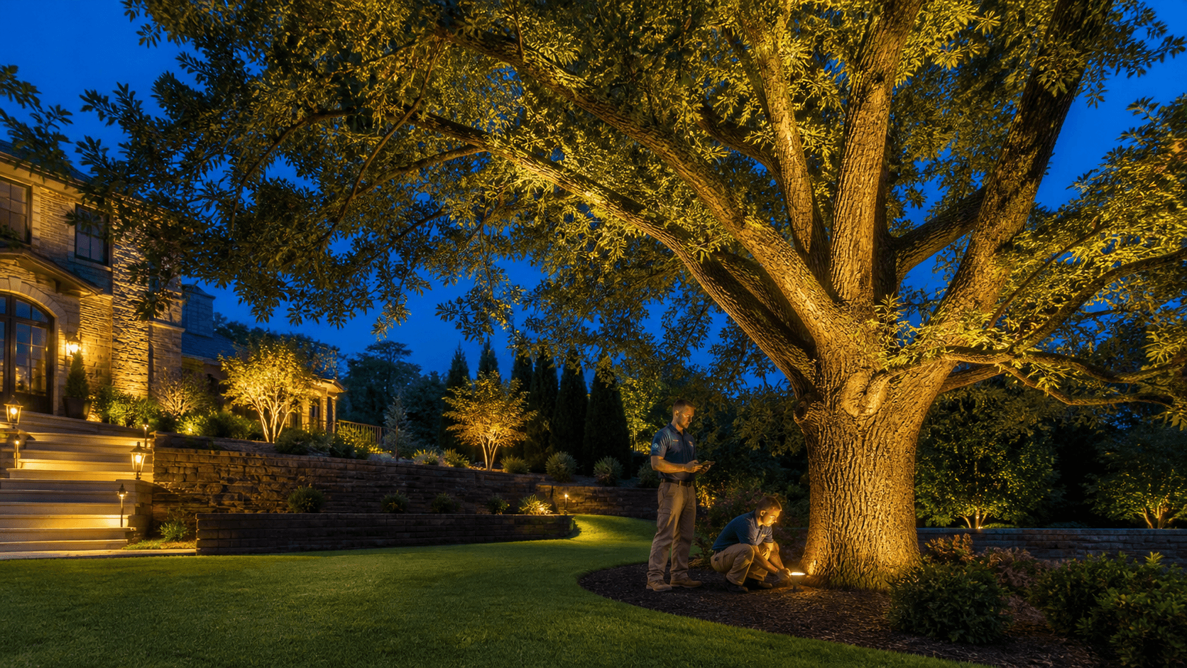 Integrated Landscape Lighting in Birmingham for Estate Tree Canopies