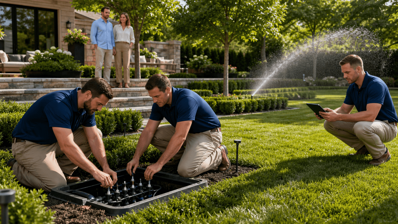 Modern garden sprinkler spraying a fine mist over manicured green lawn and shrubs in warm golden light