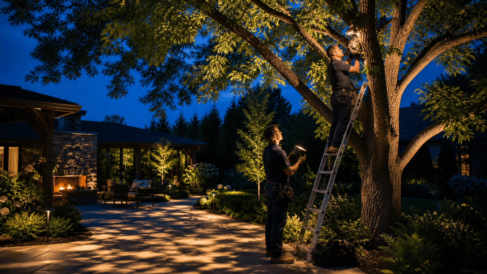 Warm exterior wall at night with a mounted spotlight casting a shaped beam through tree branches.