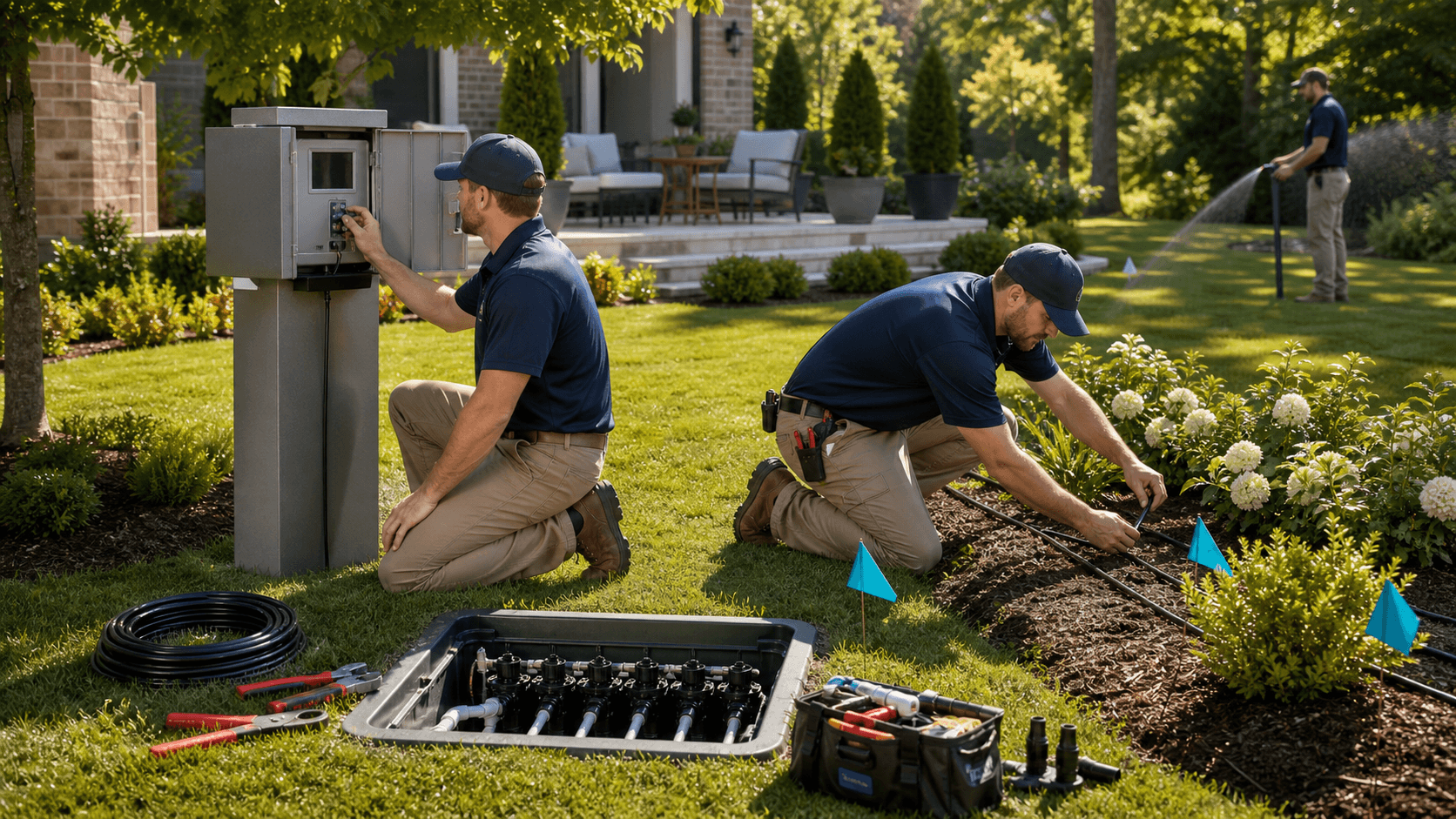 Sunlit suburban yard with green lawn, drip lines and sprinkler heads, plus a smart irrigation controller on a wall