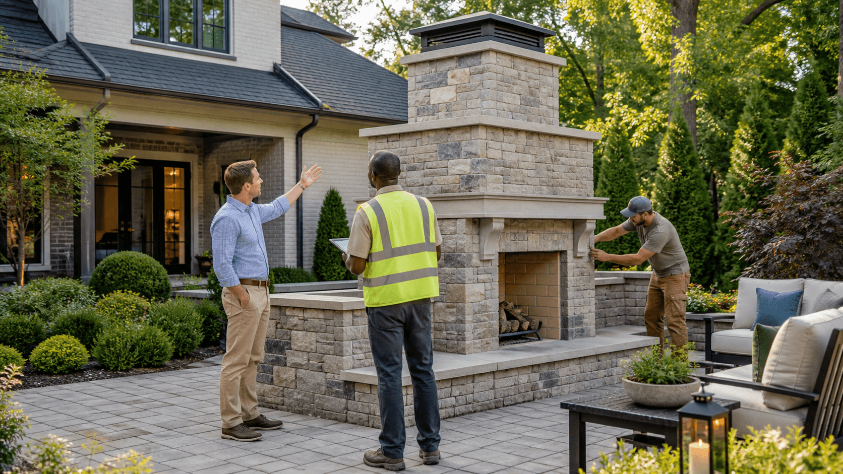 Stone outdoor fireplace glowing at dusk beside a patio, with warm lights and leafy trees in the background.