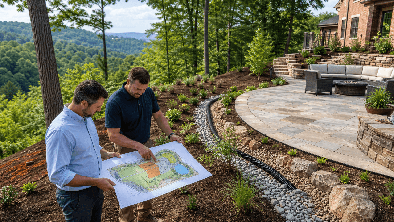 Architect reviewing a colorful garden plan beside a lawn with visible drainage channels in soft daylight