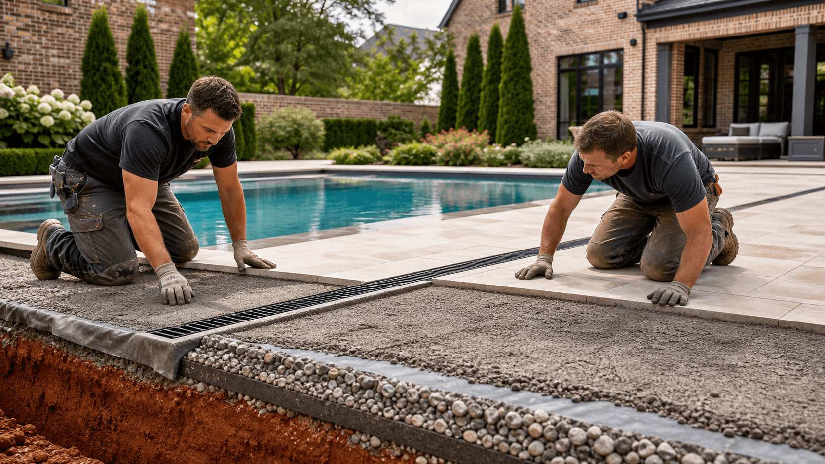 Concrete pool deck with gravel base and drainage pipes beside a blue pool in red clay soil