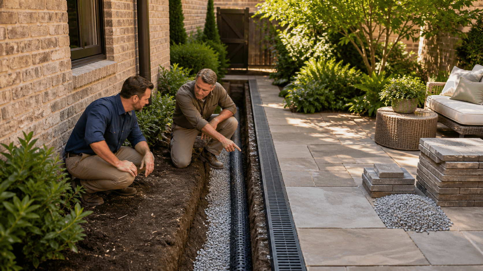 Rainwater pooling beside a brick home in a narrow backyard, with a trench drain and lush green shrubs