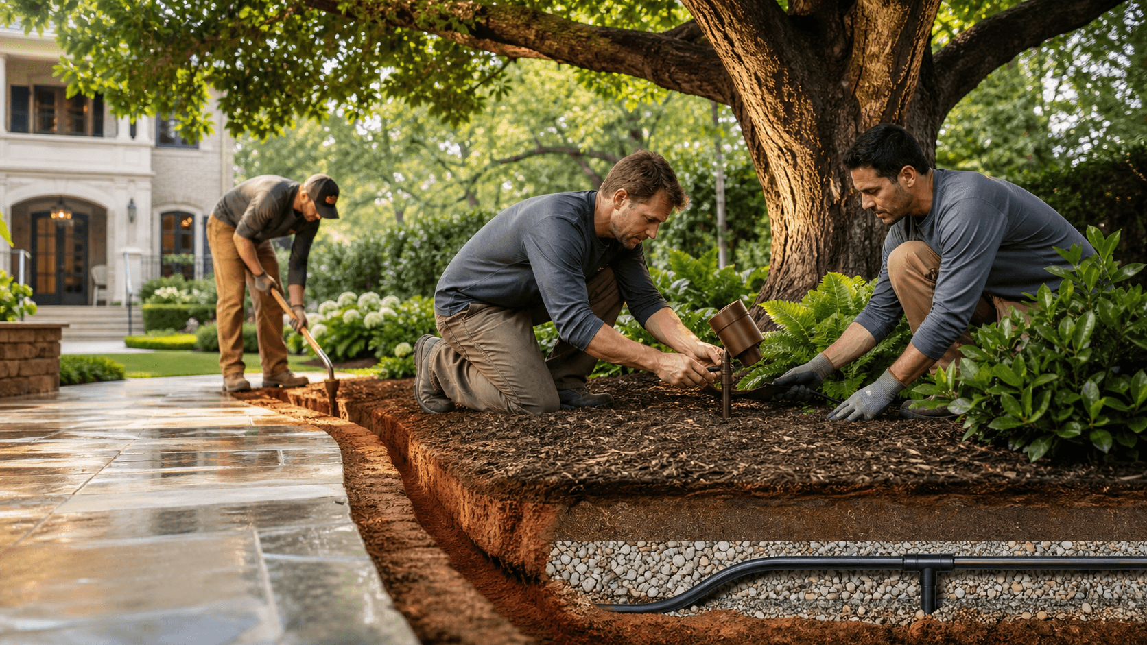Root-Zone-Safe Uplighting in Birmingham Clay: Placement, Trenching, Drainage