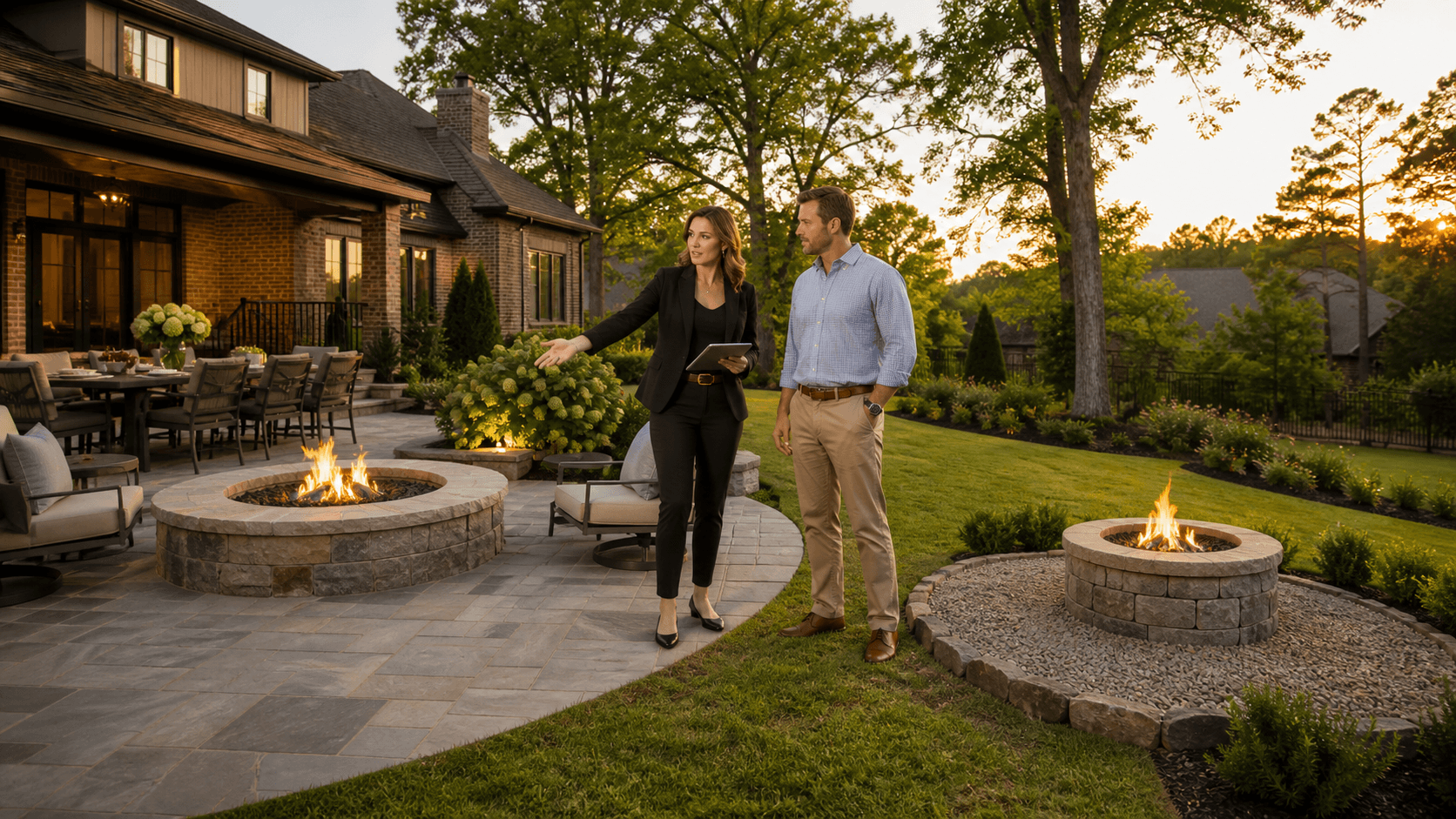 Stone fire pit glowing on a patio beside a separate gravel pad, surrounded by lush green landscaping at dusk.