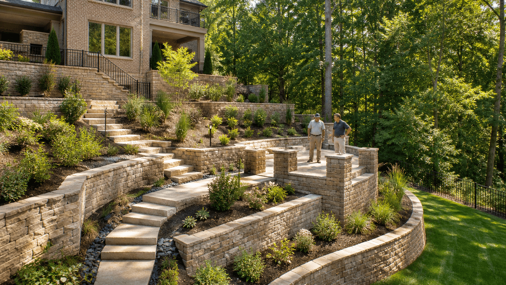 Terraced green hillside with stone retaining walls, steps, and layered shrubs under soft daylight.