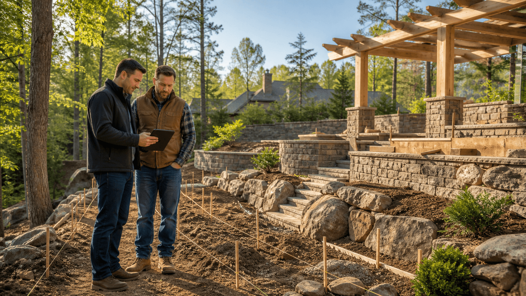 Architect reviewing patio plans beside a modern stone terrace with wooded hills in warm evening light.