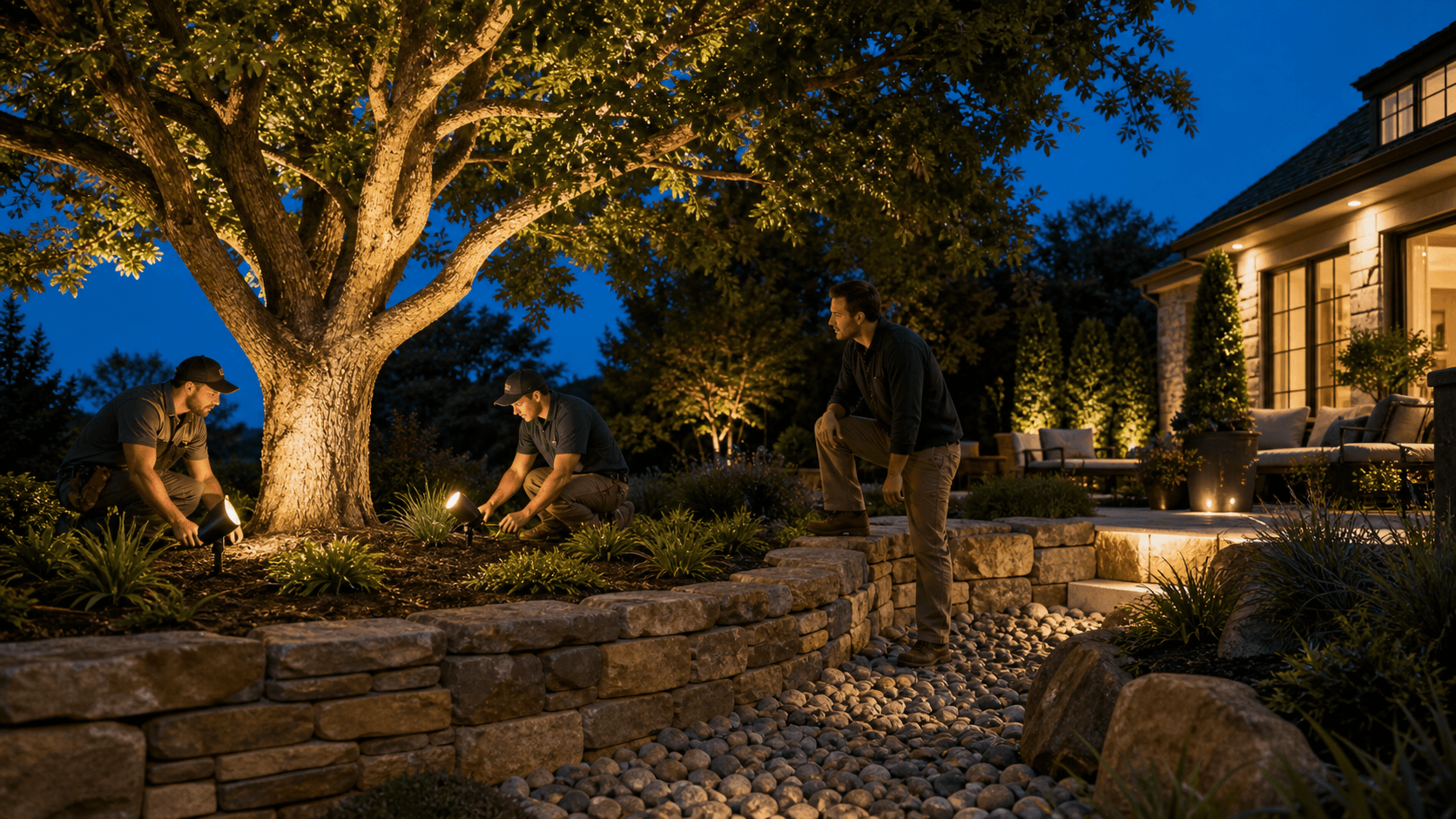 Uplit trees glow with warm white lights beside a wet brick path at dusk.