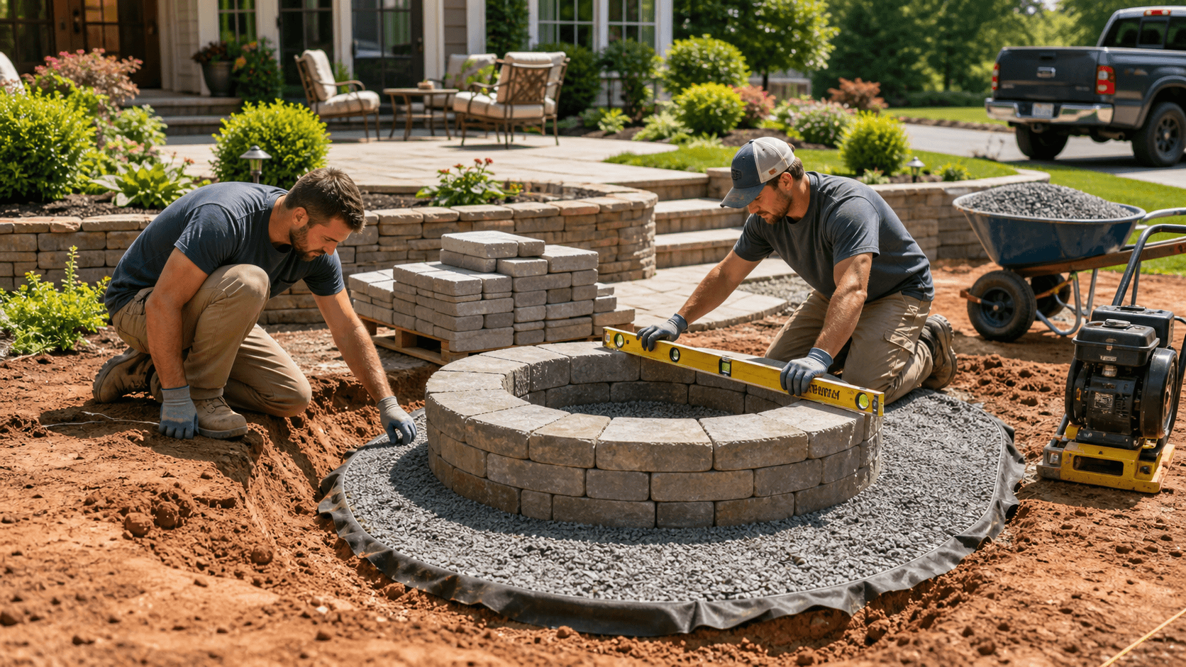 Stone fire pit glowing at dusk on a backyard patio, with red clay soil cutaway and tools in the foreground.