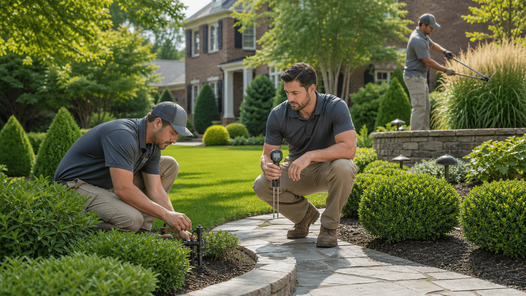 Sunlit suburban yard with trimmed shrubs, lush green lawn, and a stone path leading to a brick house.