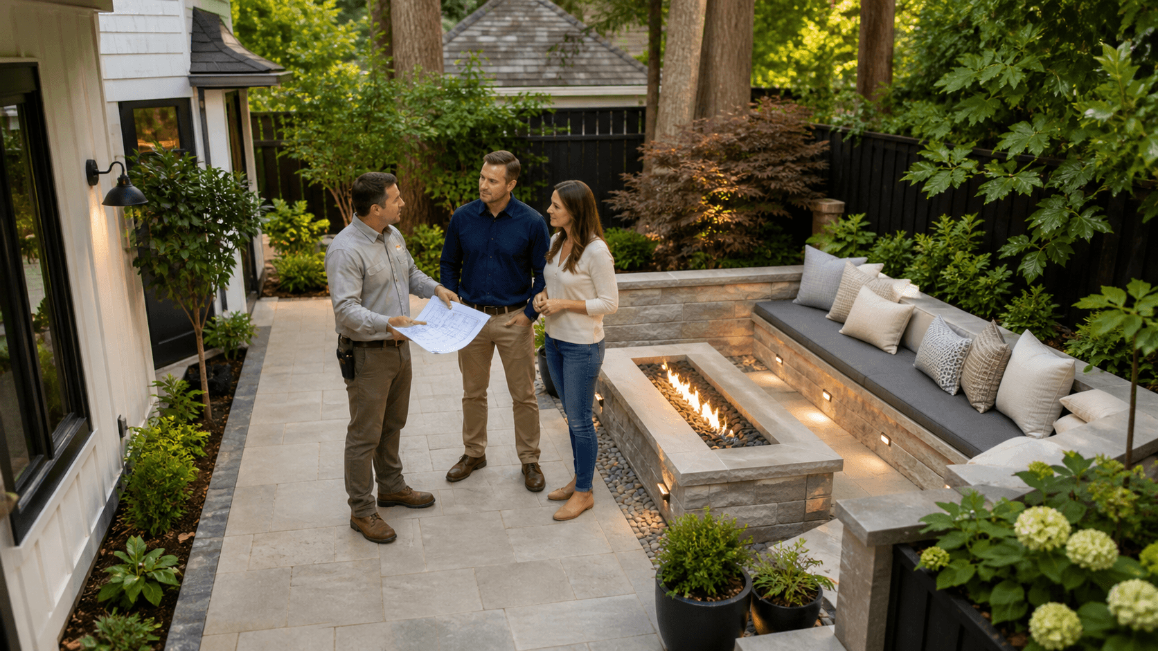 Compact stone patio with built-in seating, potted plants, and warm string lights in a narrow backyard.