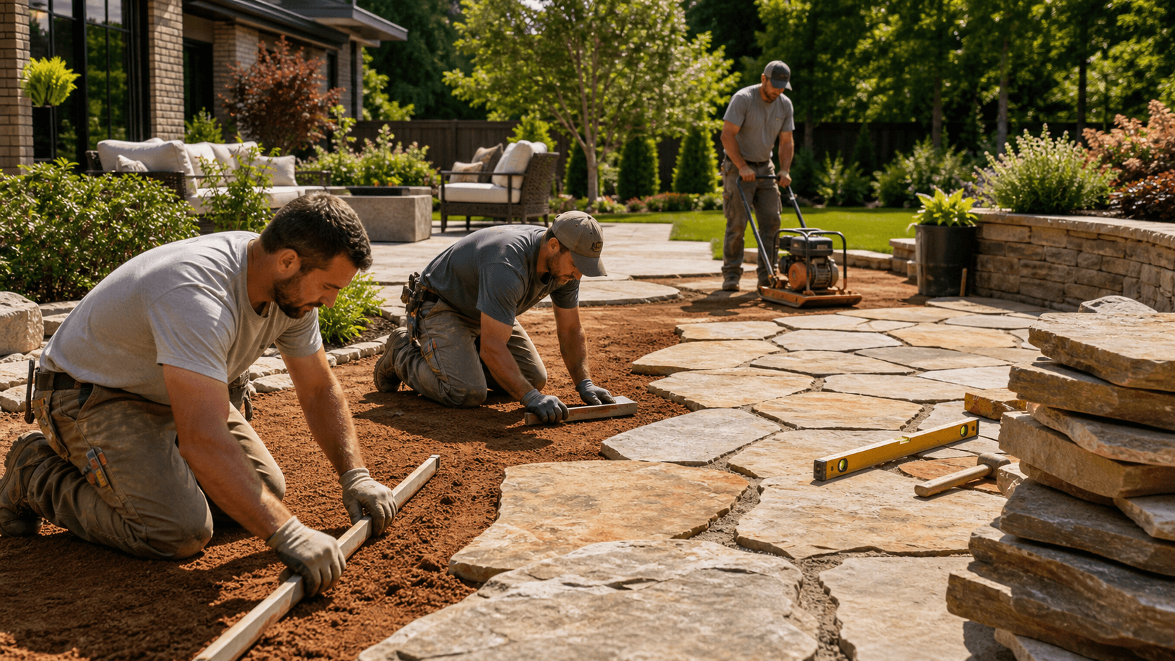 Sunlit stone patio with tan pavers and clay soil beneath, bordered by green grass and shrubs in a backyard.