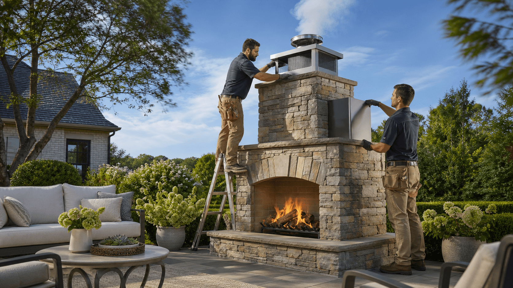 Stone outdoor fireplace glowing at dusk beside a patio, with smoke rising above a brick chimney.