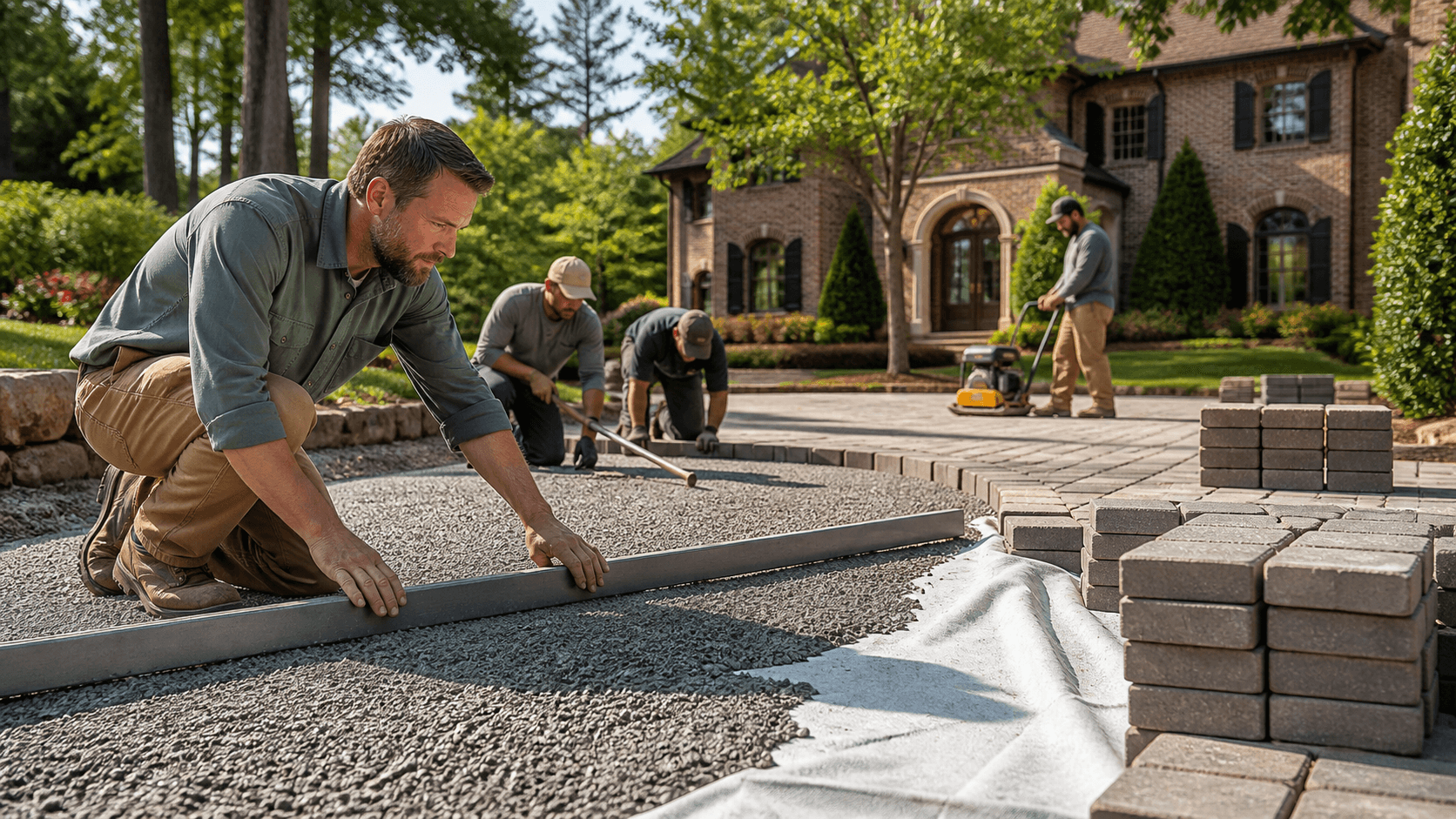 Close-up of gray interlocking pavers over layered gravel and sand, shown in a clean cutaway diagram.
