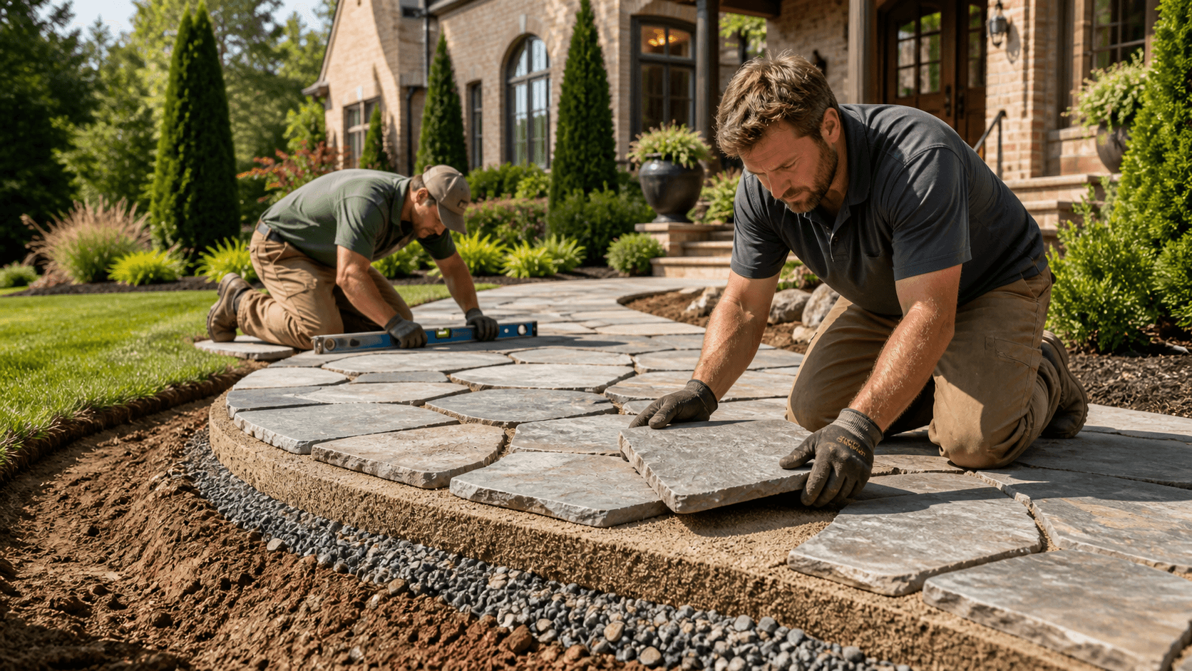 Curved gray stone walkway bordered by manicured grass and shrubs leading toward a brick home.