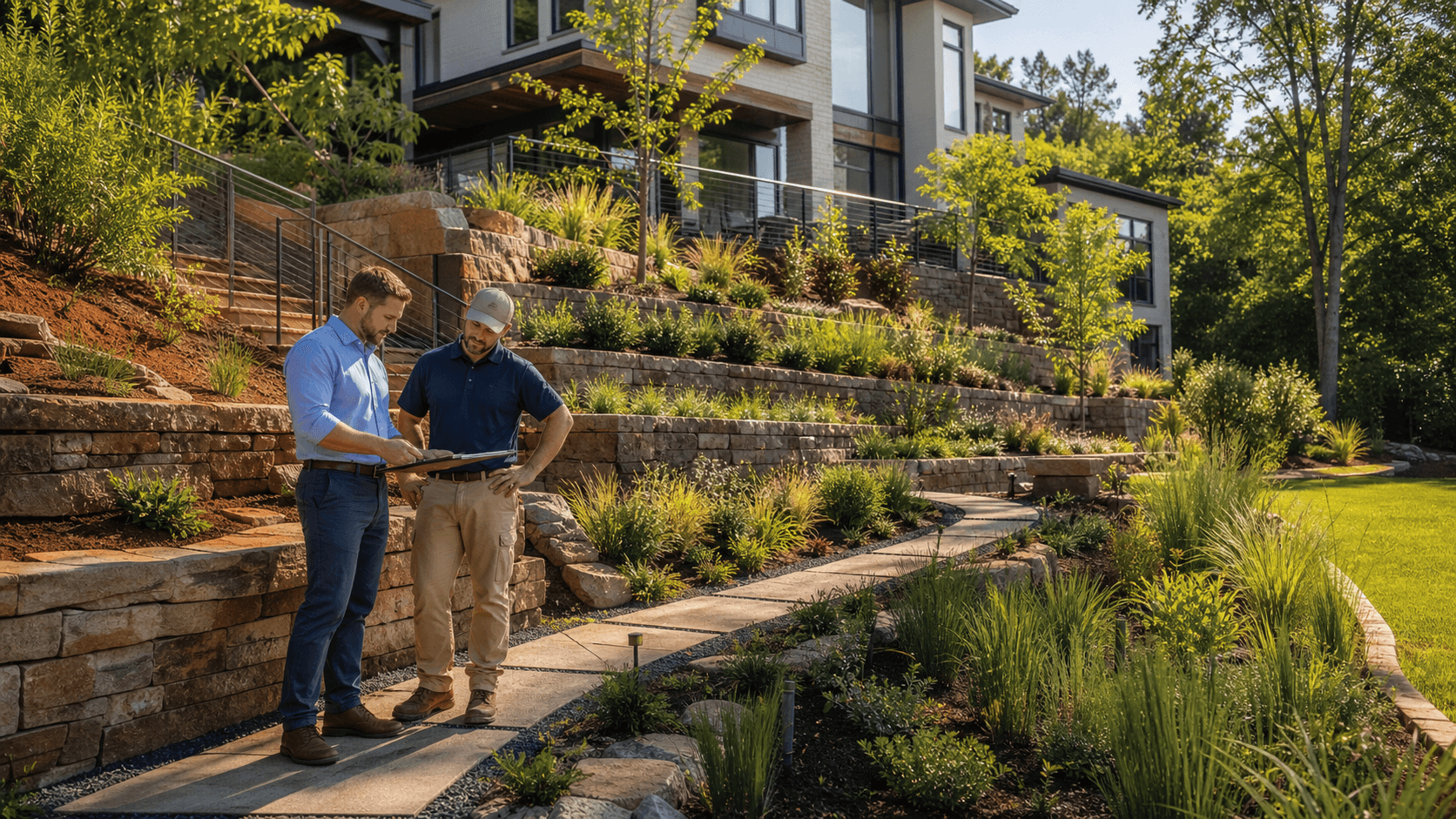 Terraced garden with stone steps, native shrubs, and red clay hillside beneath a bright blue sky