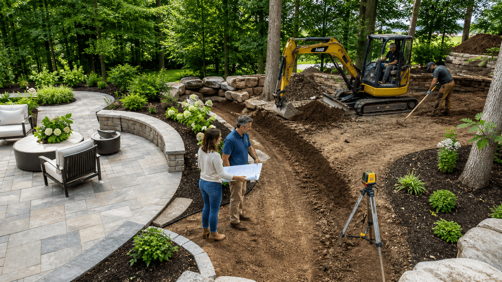 Sloped backyard with fresh soil grading, stone retaining walls, and green shrubs under a bright blue sky.
